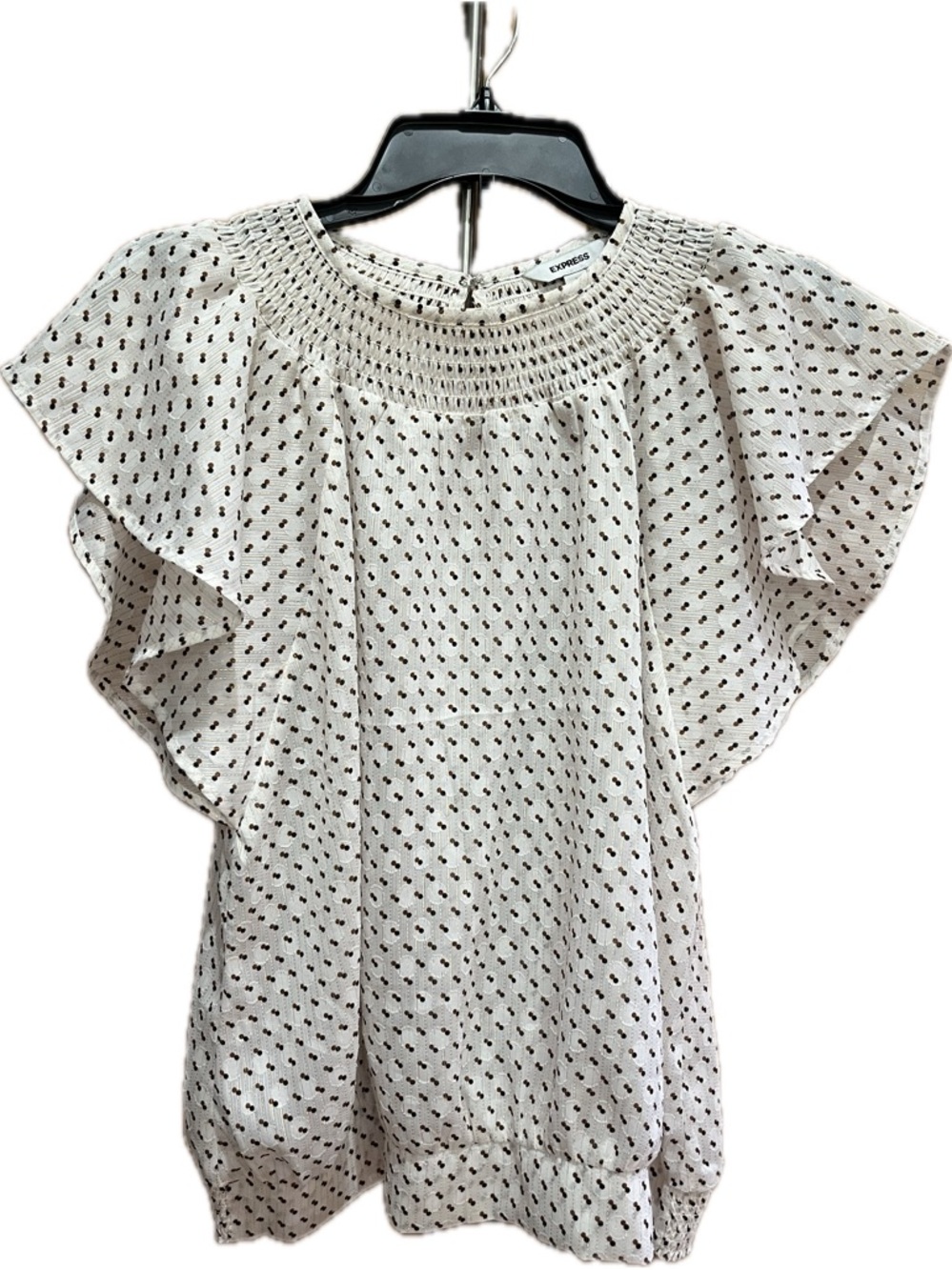 Express Cream Blouse with Black and Brown Dot Print and Flutter Sleeves M